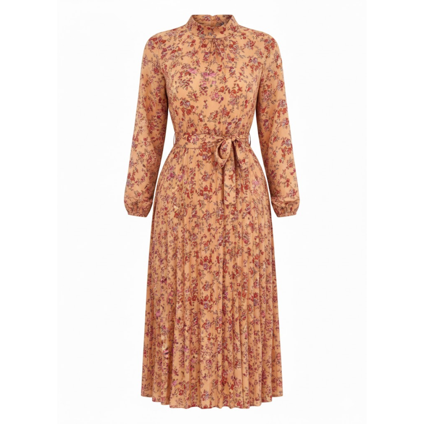 Floral Pleated A-Line Midi Dress with Long Sleeves, Stand Collar, and Waist Sash