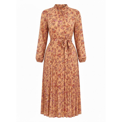 Floral Pleated A-Line Midi Dress with Long Sleeves, Stand Collar, and Waist Sash