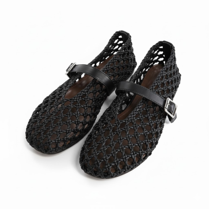 Women's Microfiber Ballet Flats - Woven Hollow Round Toe Sandals with Buckle Strap