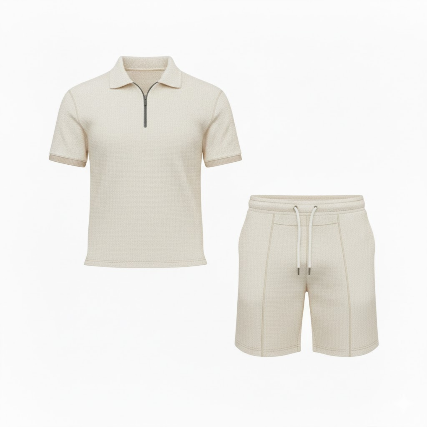 Men's Casual Two-Piece Tracksuit Set - Quarter Zip Polo Shirt and Drawstring Shorts