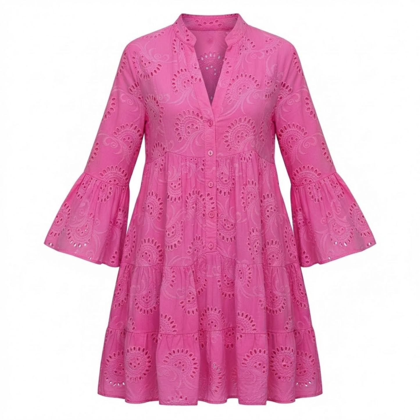 V-Neck Eyelet Cotton Mini Dress with Flare Sleeves, Hollow Out Design, Button Front, and Tiered Skirt