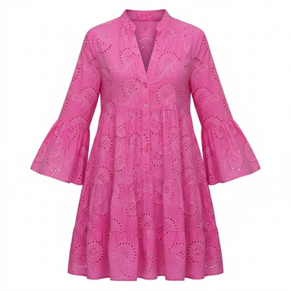 V-Neck Eyelet Cotton Mini Dress with Flare Sleeves, Hollow Out Design, Button Front, and Tiered Skirt