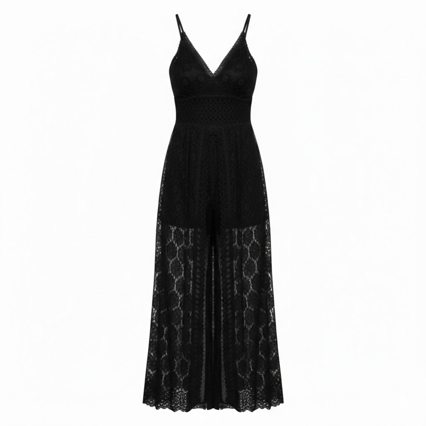 Women's Floral Lace V-Neck Maxi Dress with Empire Waist and Front Split