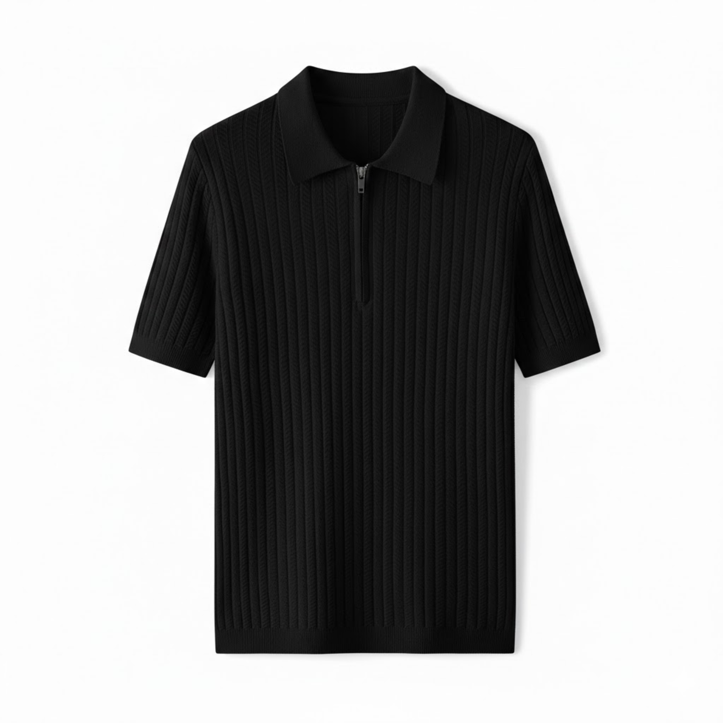 Men's Slim Fit Short Sleeve Knitted Polo Shirt with Half-Zip - Textured Casual Tee