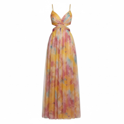 Floral Print V-Neck Cut Out Maxi Dress - Sleeveless Backless Party Gown with Lace-Up Detail