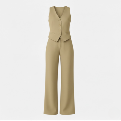 Women's V-Neck Sleeveless Waistcoat and High Waist Wide Leg Trousers Set