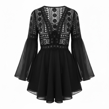Embroidered Lace Flare Sleeve V-Neck Mini Dress with Hollow Out Design and Empire Waist