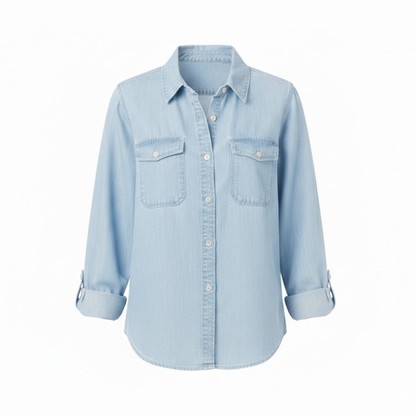Casual Women's Long Sleeve Denim Shirt with Turn Down Collar - Cotton Blouse