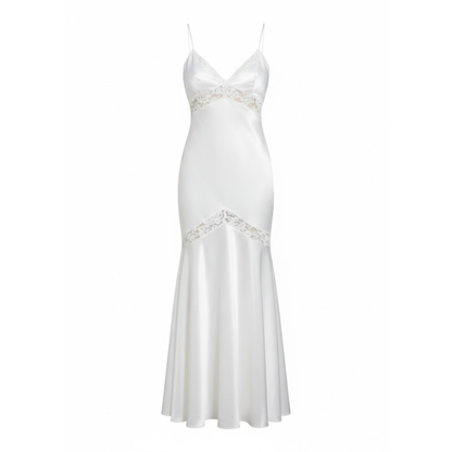 Elegant Satin Maxi Dress with Lace Patchwork, V-Neck, Backless, Sleeveless Fishtail Design