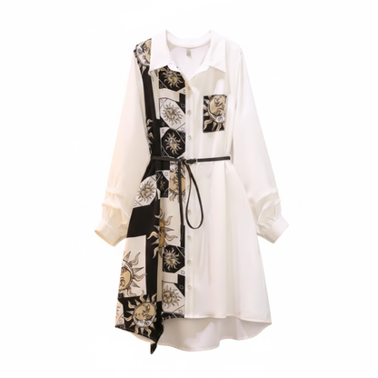 Retro Floral Print Polo Neck Shirt Dress with Button Closure and Adjustable Waist Belt