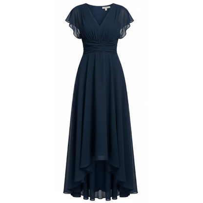 Elegant V-Neck Chiffon Midi Dress with Batwing Sleeves and Irregular Hem for Evening Parties