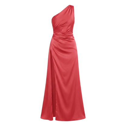 Chic One Shoulder Satin Maxi Dress with Asymmetrical Pleats and High Split Hem for Formal Evening Occasions