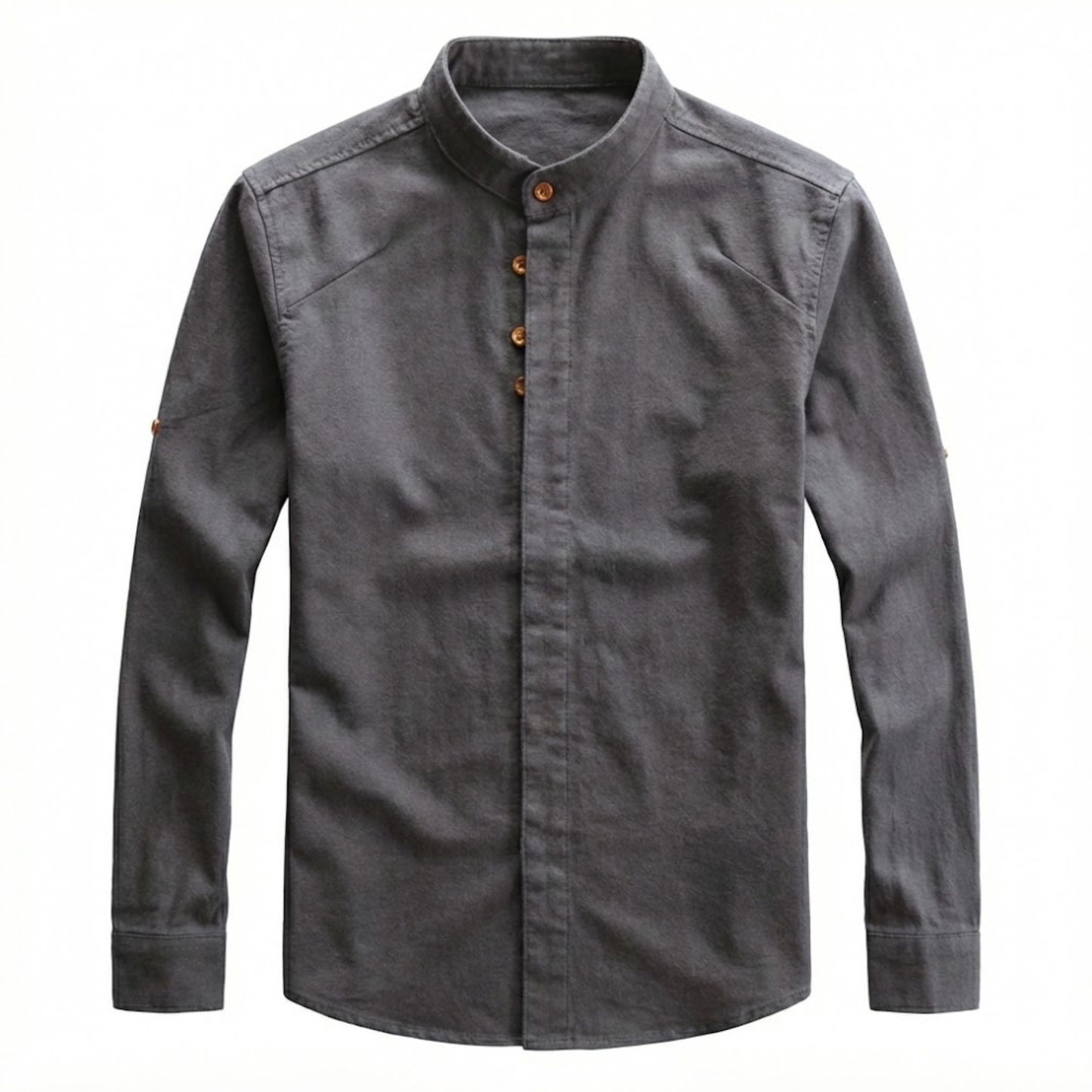 Men's Slim Fit Long Sleeve Cotton Linen Shirt with Stand Collar - Casual Button Down Top