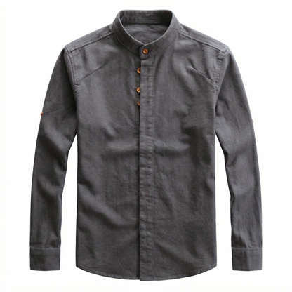 Men's Slim Fit Long Sleeve Cotton Linen Shirt with Stand Collar - Casual Button Down Top