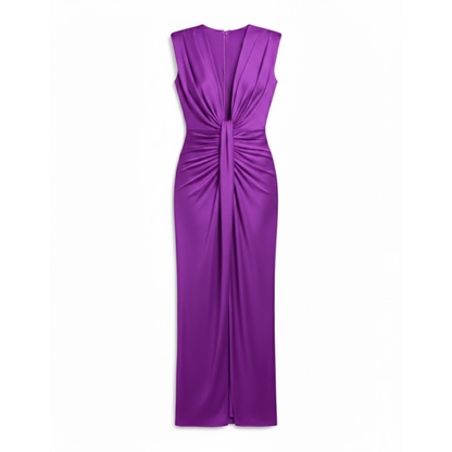 Elegant V-Neck Sleeveless Maxi Dress with Pleats, High Slit, and Ruched Bodice for Formal Occasions