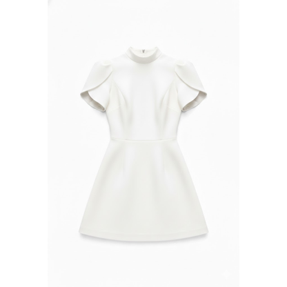 A-Line Mini Dress with Short Puff Sleeves and Bow Detail Empire Waist Short Gown