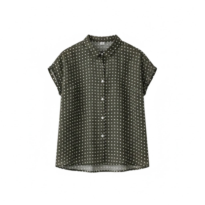 Women's Short Sleeve Polka Dot Blouse - Loose Fit Cotton Linen Shirt with Pleated Collar