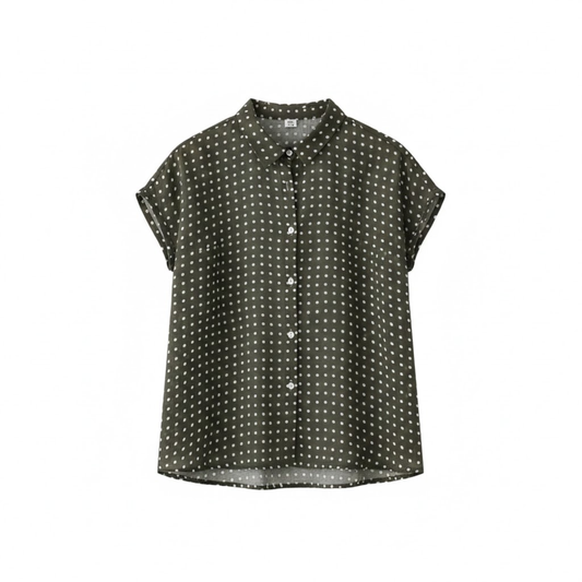 Women's Short Sleeve Polka Dot Blouse - Loose Fit Cotton Linen Shirt with Pleated Collar