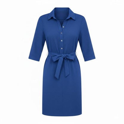 Women's Casual Half Sleeve Shirt Dress with Turn-Down Collar and Adjustable Waist Tie