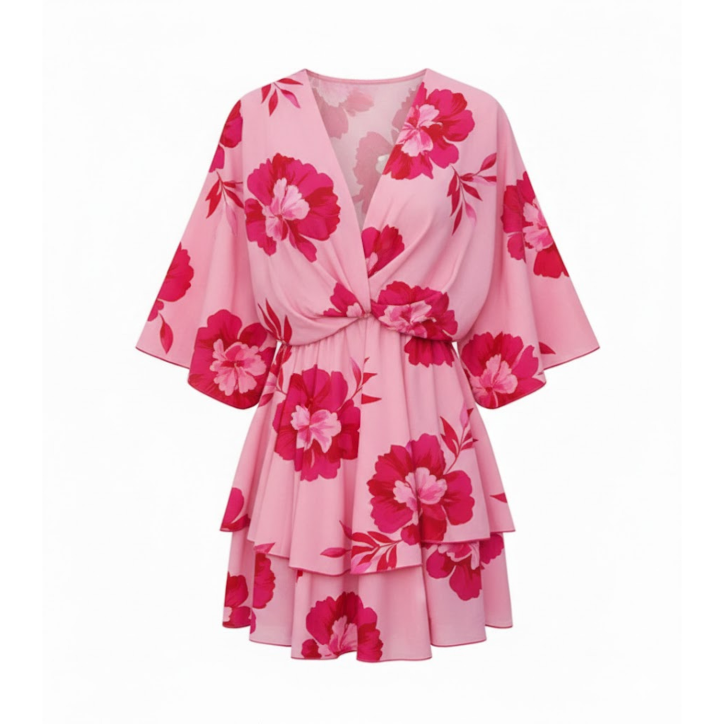 Boho V-Neck Floral Mini Dress with Batwing Sleeves and Ruffle Hem - Casual A-Line Gown