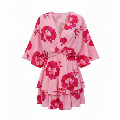 Boho V-Neck Floral Mini Dress with Batwing Sleeves and Ruffle Hem - Casual A-Line Gown
