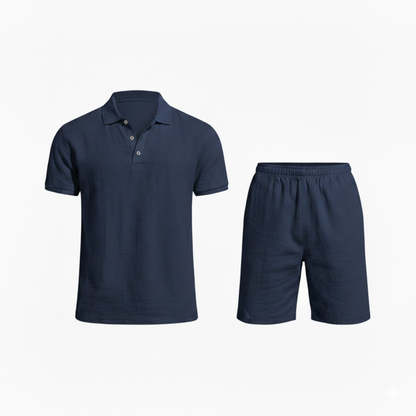 Men's Casual Two-Piece Linen Outfit - Short Sleeve Polo Shirt with Drawstring Shorts