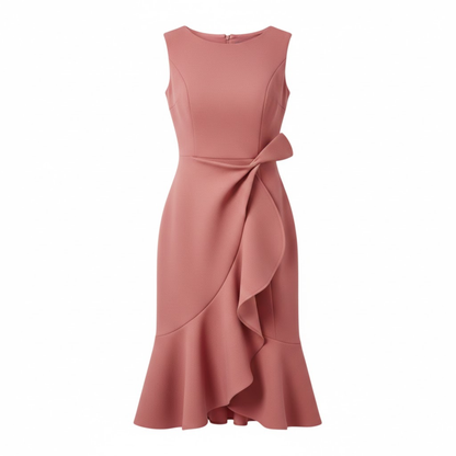 Women's Sleeveless Cotton Blend Midi Dress with Asymmetrical Ruffle and Mermaid Fit