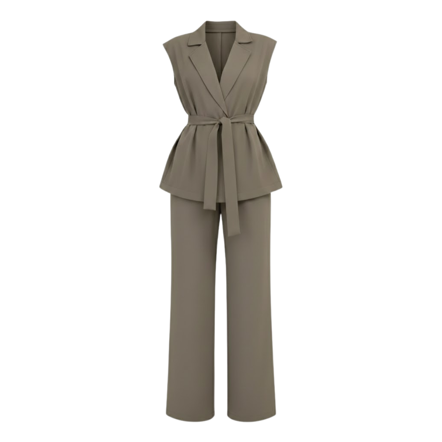 Women's Sleeveless Vest and Wide Leg Pants Outfit with Turn Down Collar and Adjustable Tie Waist Belt