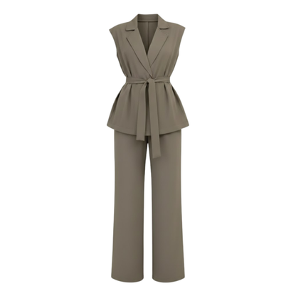 Women's Sleeveless Vest and Wide Leg Pants Outfit with Turn Down Collar and Adjustable Tie Waist Belt