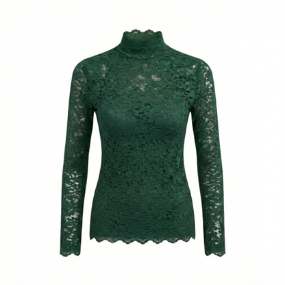 Floral Lace Long Sleeve Turtleneck Top with Petal Sleeves - Women's Knit Mesh Tee