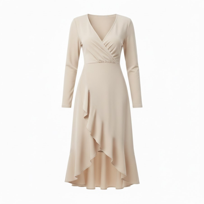 Elegant Women's V-Neck Midi Sheath Dress with Pleated Hem and Front Slit for Special Occasions