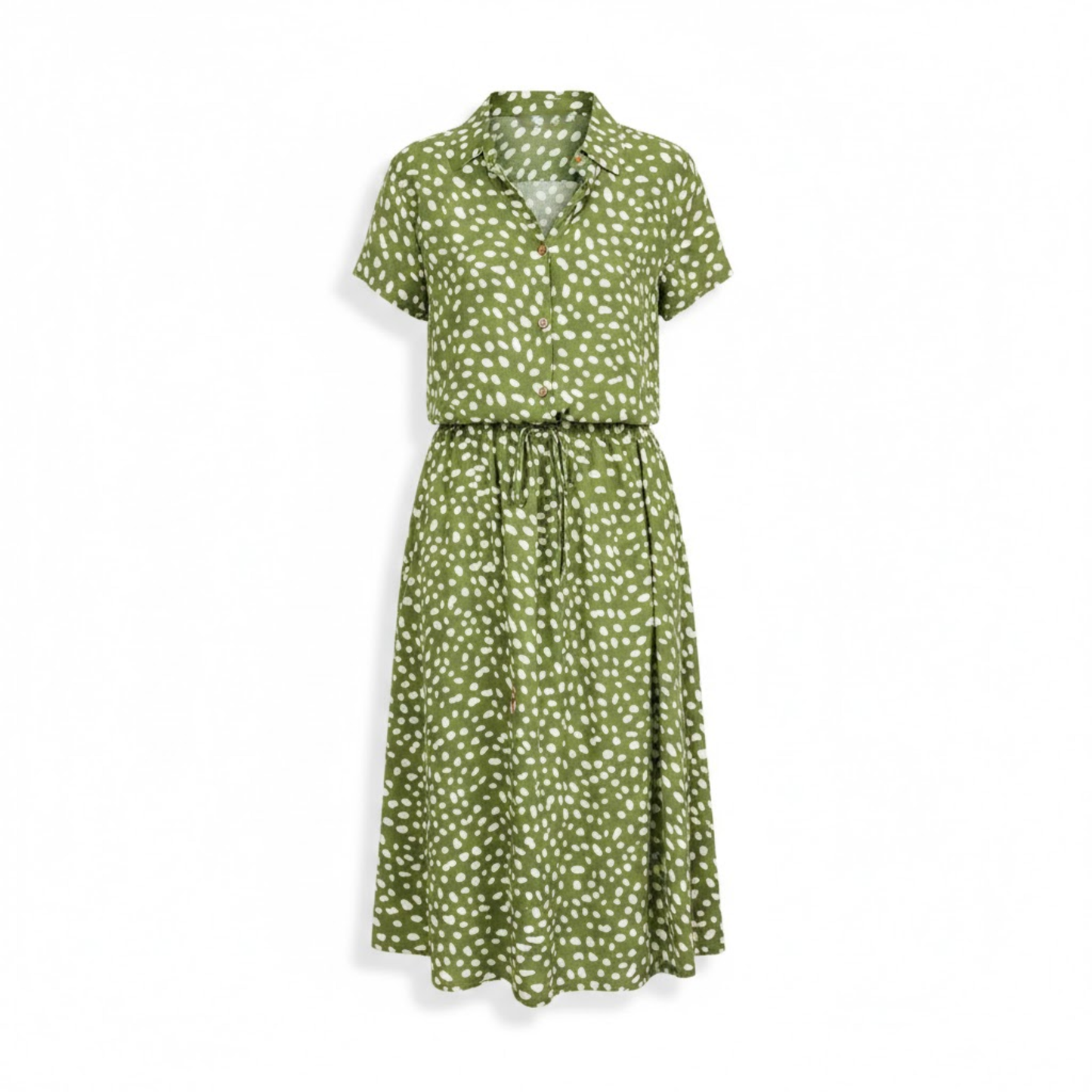 Polka Dot Short Sleeve Shirt Dress with Turn Down Collar and Coordinating Waistband