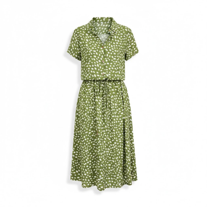 Polka Dot Short Sleeve Shirt Dress with Turn Down Collar and Coordinating Waistband