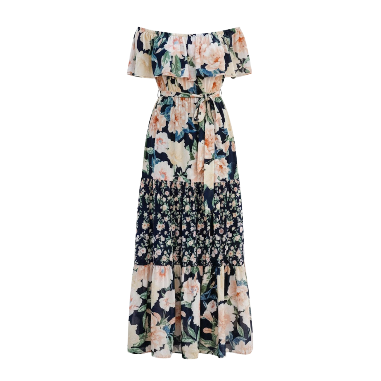 Floral Off-Shoulder Maxi Dress - Ankle-Length A-Line Asymmetrical Gown with Slash Neck