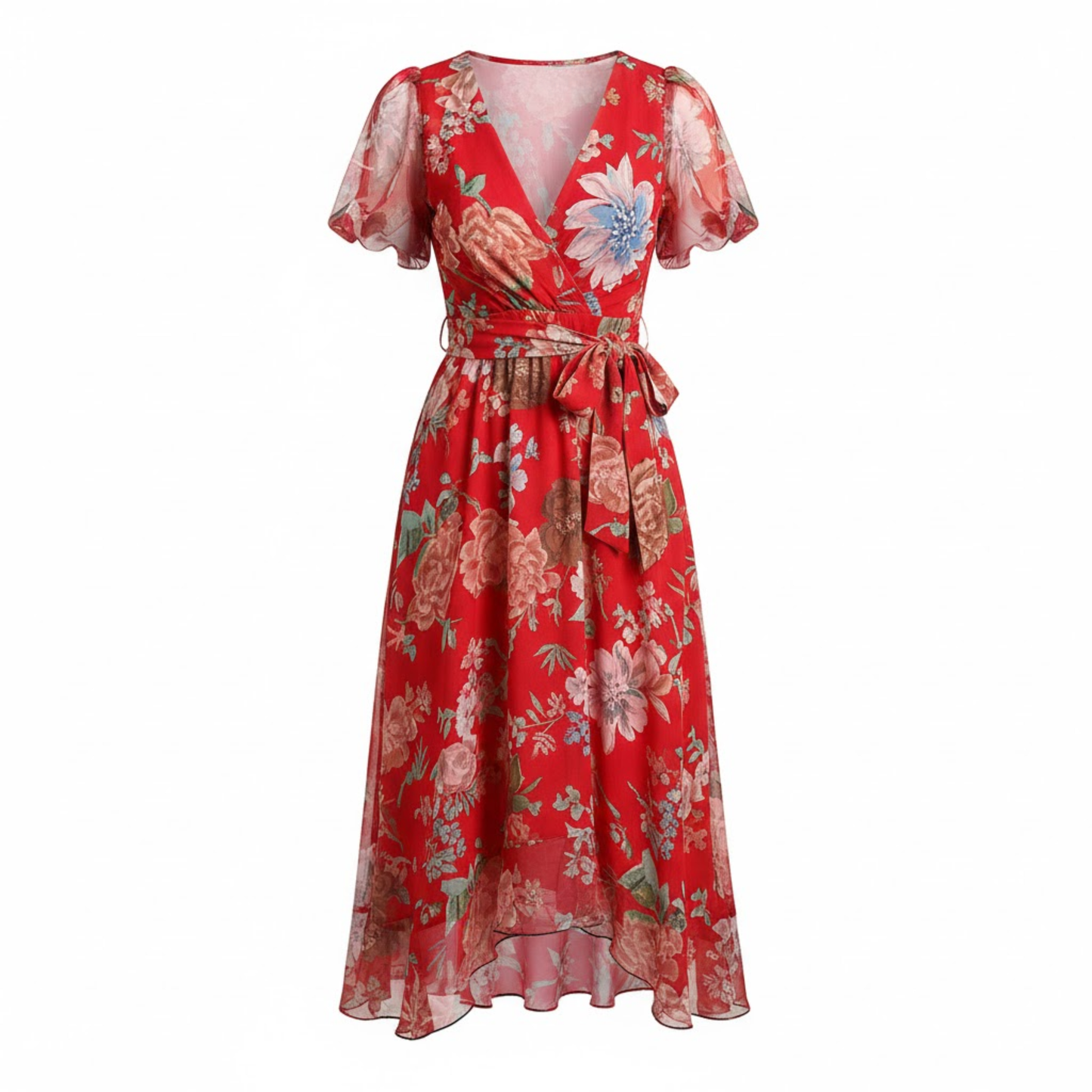 Women's Floral V-Neck Midi Dress with Short Flutter Sleeves and Empire Waist