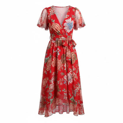 Women's Floral V-Neck Midi Dress with Short Flutter Sleeves and Empire Waist