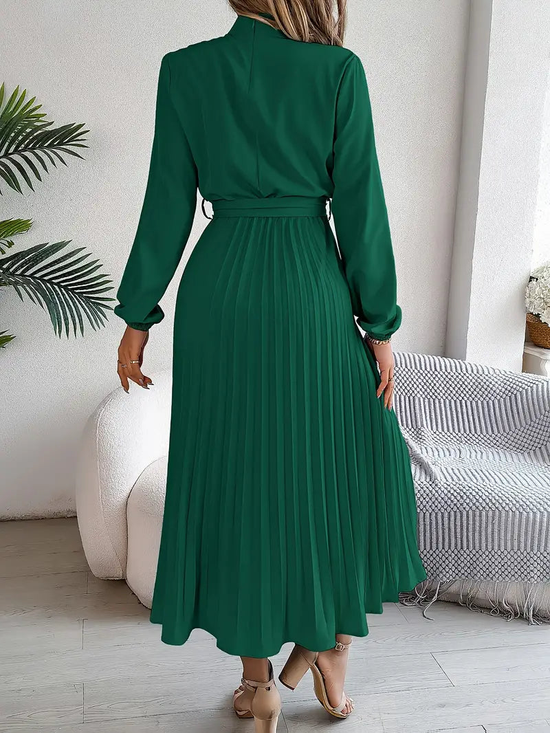 Elegant Women's Long-Sleeve Pleated Midi Dress with Adjustable Belted Waist