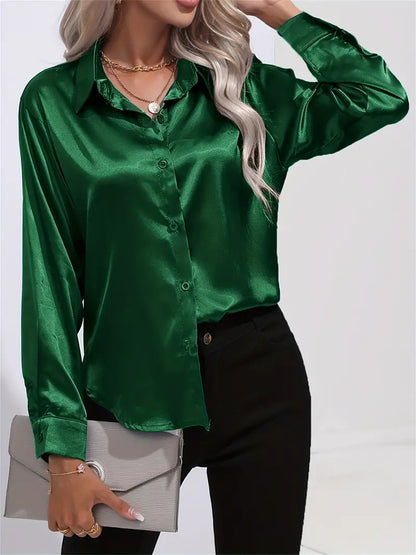 Celia - Luxe satin silk top with long sleeves and buttons