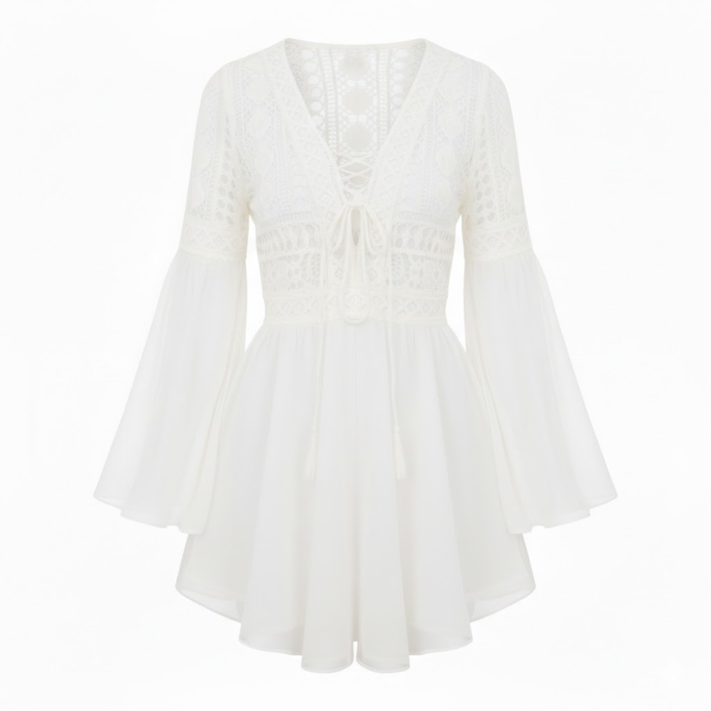Embroidered Lace Flare Sleeve V-Neck Mini Dress with Hollow Out Design and Empire Waist