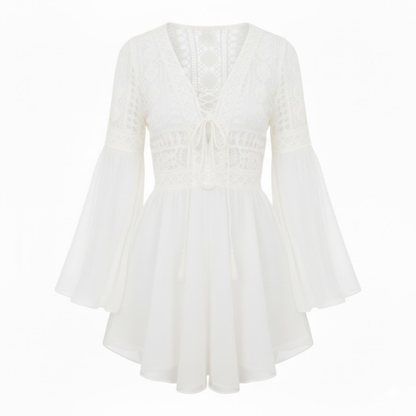 Embroidered Lace Flare Sleeve V-Neck Mini Dress with Hollow Out Design and Empire Waist