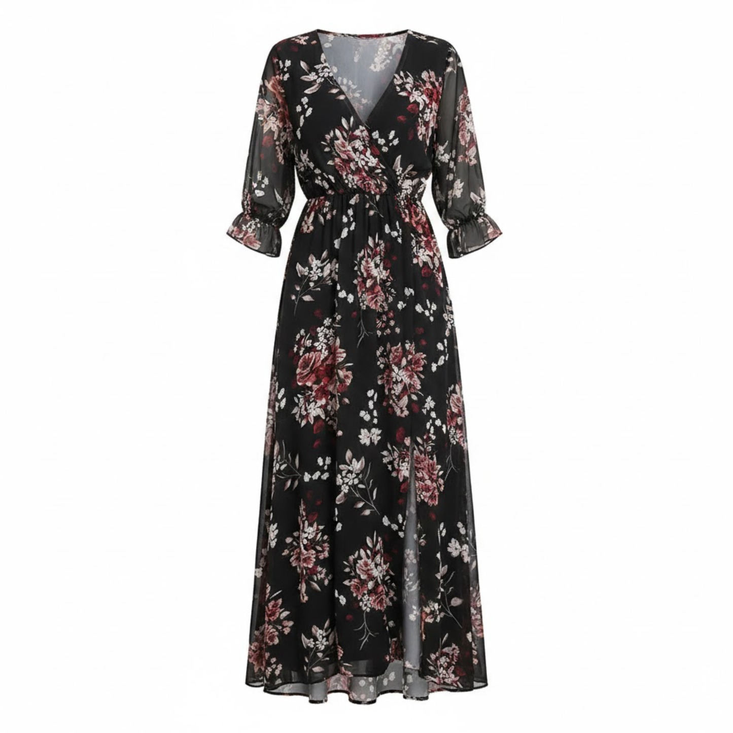 V-Neck Floral Midi Dress with Short Sleeves and Front Split - A-Line Wrap Tie Waist Party Dress