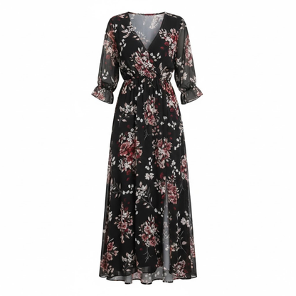 V-Neck Floral Midi Dress with Short Sleeves and Front Split - A-Line Wrap Tie Waist Party Dress