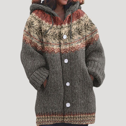 Cozy Women's Fair Isle Chunky Knit Hooded Cardigan for Warmth and Style