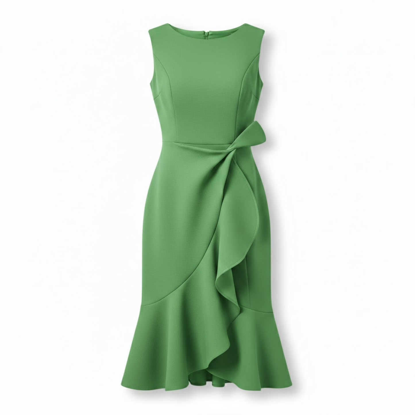 Women's Sleeveless Cotton Blend Midi Dress with Asymmetrical Ruffle and Mermaid Fit