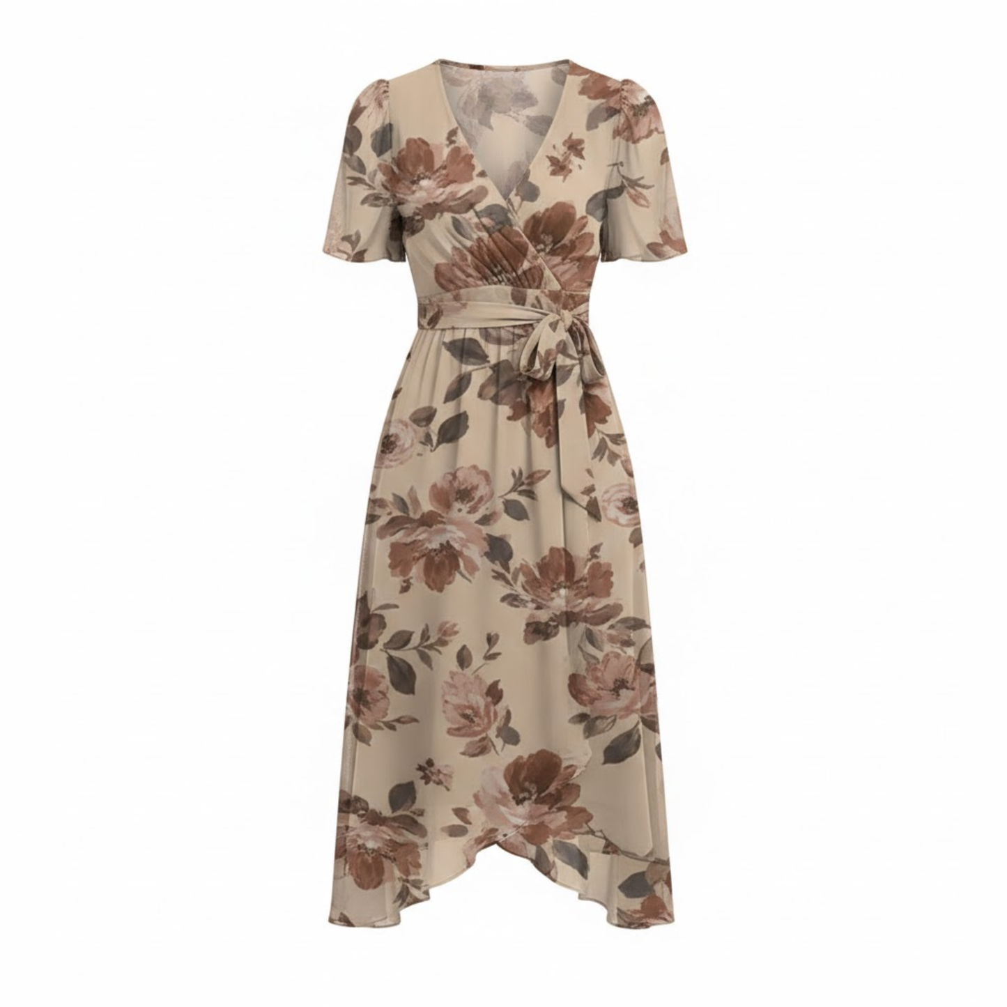 Women's Floral V-Neck Midi Dress with Short Flutter Sleeves and Empire Waist