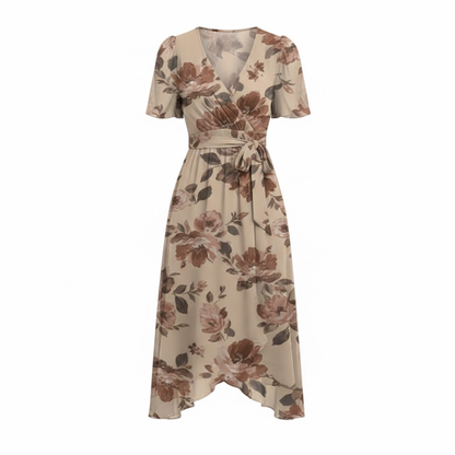Women's Floral V-Neck Midi Dress with Short Flutter Sleeves and Empire Waist
