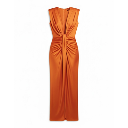 Elegant V-Neck Sleeveless Maxi Dress with Pleats, High Slit, and Ruched Bodice for Formal Occasions