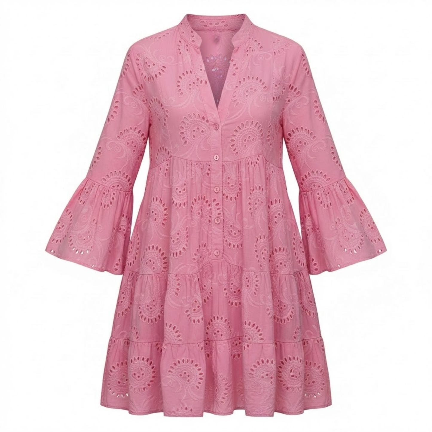 V-Neck Eyelet Cotton Mini Dress with Flare Sleeves, Hollow Out Design, Button Front, and Tiered Skirt