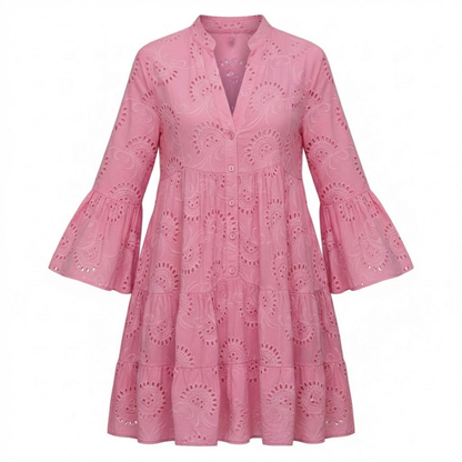 V-Neck Eyelet Cotton Mini Dress with Flare Sleeves, Hollow Out Design, Button Front, and Tiered Skirt