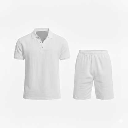 Men's Casual Two-Piece Linen Outfit - Short Sleeve Polo Shirt with Drawstring Shorts